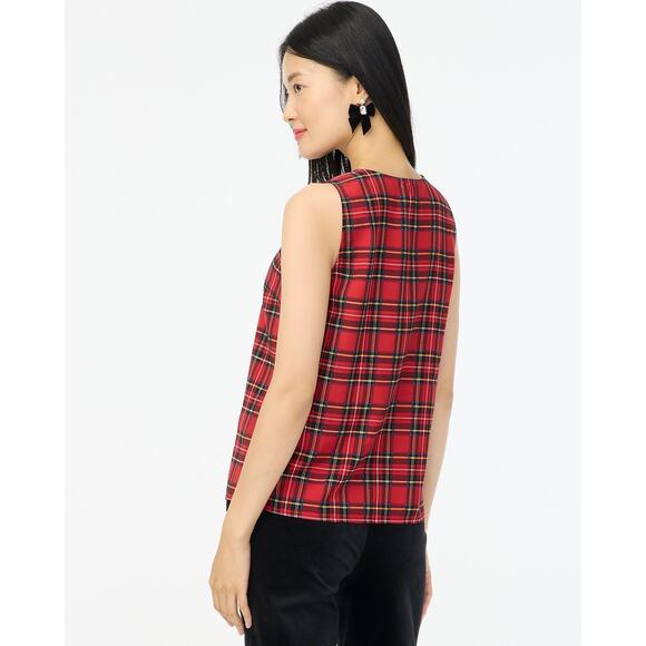 JCrew Tartan Sleeveless Blouse VNeck Holiday Christmas Red Black Plaid Medium - Picture 2 of 8